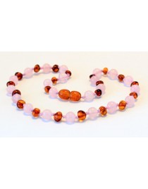 Baltic amber & rose quartz Baby teething necklace BTA6